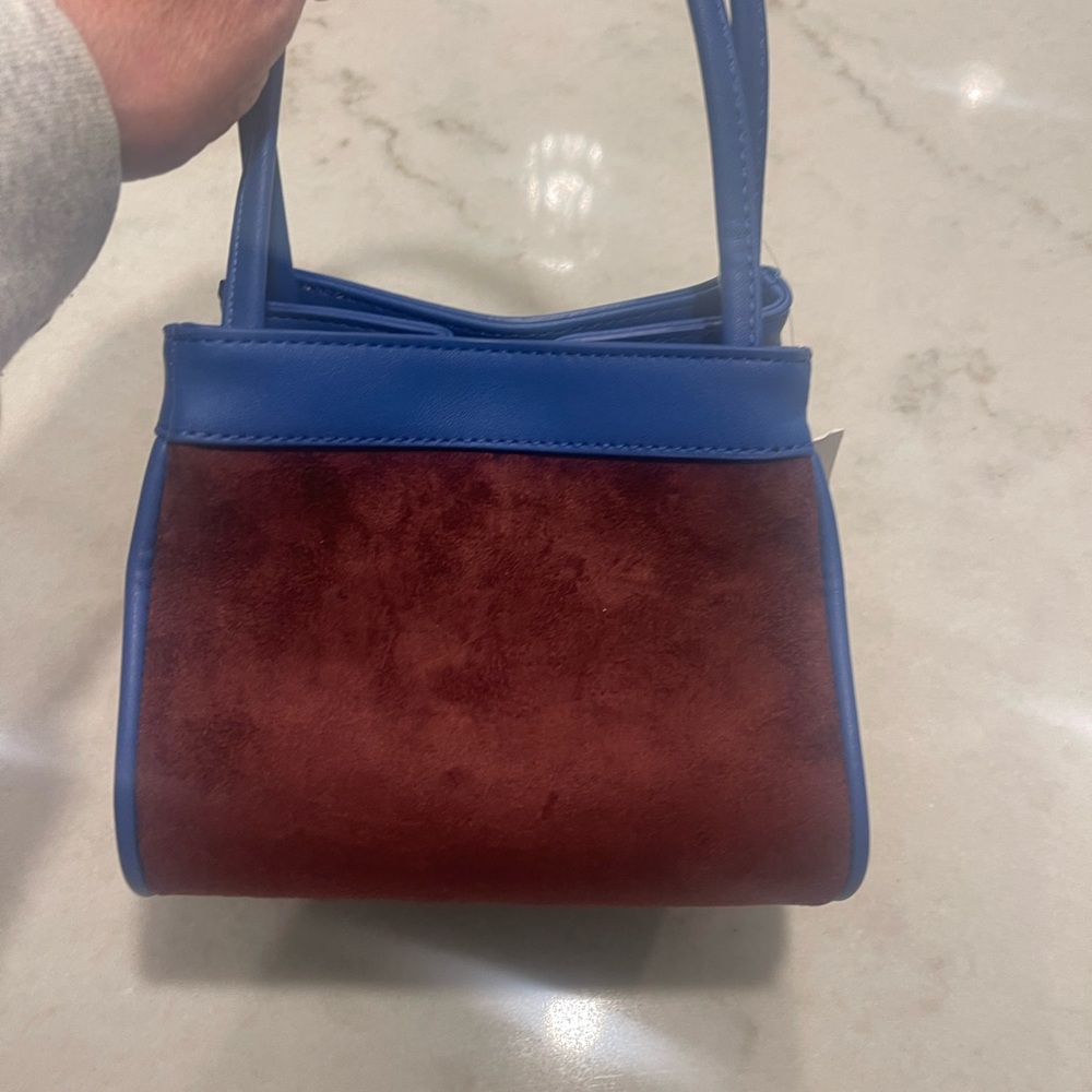 ANTHROPOLOGIE WINE SUEDE BAG WITH COBALT BLUE TRIM - Picture 3 of 4